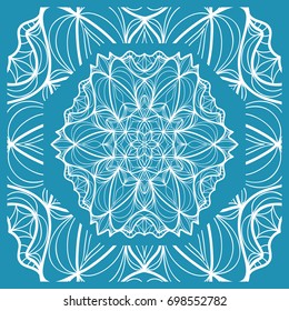 Floral Paisley Medallion Ornamental Rug. Ethnic Mandala Frame. Fabric, greeting card, coloring book, phone case print. Vector illustration. Blue color