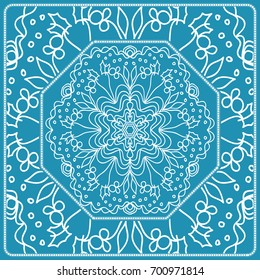 Floral Paisley Medallion Ornamental Rug. Ethnic Mandala Frame. Fabric, greeting card, coloring book, phone case print. Vector illustration. Blue color