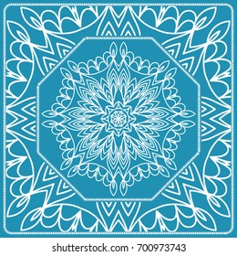 Floral Paisley Medallion Ornamental Rug. Ethnic Mandala Frame. Fabric, greeting card, coloring book, phone case print. Vector illustration. Blue color