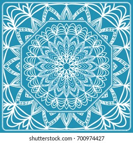 Floral Paisley Medallion Ornamental Rug. Ethnic Mandala Frame. Fabric, greeting card, coloring book, phone case print. Vector illustration. Blue color