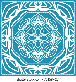 Floral Paisley Medallion Ornamental Rug. Ethnic Mandala Frame. Fabric, greeting card, coloring book, phone case print. Vector illustration. Blue color