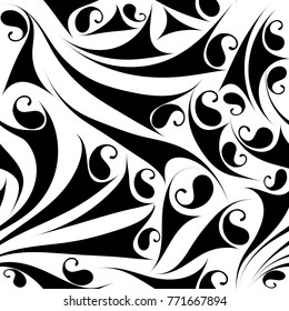 Floral paisley seamless pattern. Abstract black white flourish background. Modern ornaments with hand drawn paisley flowers, shapes, figures. Endless isolated texture. Design for fabric, wallpapers
