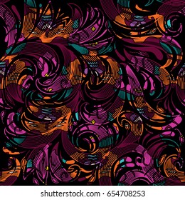 Floral paisley seamless pattern. Black background wallpaper illustration with vintage hand drawn colorful line art tracery paisley  flowers and elegant swirl curve ornaments. Vector modern texture 