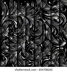 Floral paisley seamless pattern. Black striped background wallpaper illustration with vintage hand drawn line art tracery paisley  flowers and luxury swirl curve ornaments. Vector stripe texture 