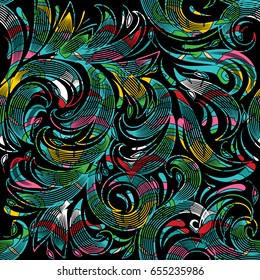 Floral paisley seamless pattern. Black background wallpaper illustration with vintage hand drawn colorful line art tracery paisley  flowers and luxury swirl curve ornaments. Vector bright texture