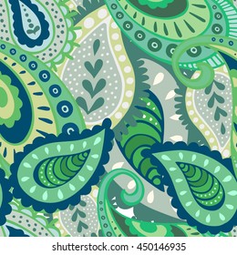 Floral Paisley seamless pattern with blue and green shapes.