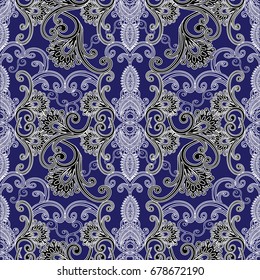 Floral paisley seamless pattern. Blue background wallpaper illustration with black white line art tracery hand drawn paisley flowers and vintage ornaments. Vector  texture for fabrics.