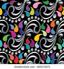 Floral paisley seamless pattern. Colorful background wallpaper illustration with vintage  flowers, swirl leaves and colorful decorative oriental ornaments. Vector flowery  texture for fabric, textile
