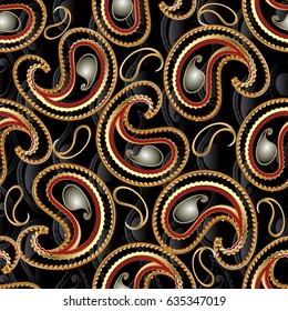 Floral paisley seamless pattern. Flourish vector  black background with abstract gold  3d paisley  flowers, and oriental ornaments. Vector paisley pattern texture for fabric.textile, prints