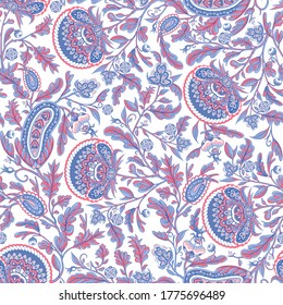 Floral paisley seamless pattern in oriental style. Stylized flower and leaves textile inspired by Turkey or Iran tradition. Buta or Turkish Cucumber. 