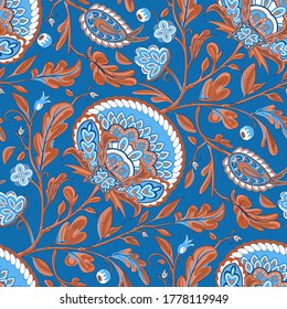 Floral paisley seamless pattern in oriental style. Stylized flower and leaves textile inspired by Turkey or Iran tradition. Buta or Turkish Cucumber. 