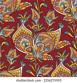 Floral paisley seamless pattern in oriental style. Stylized flower and leaves textile inspired by Turkish or Persian tradition. Mehendi or henna folk ethnic print