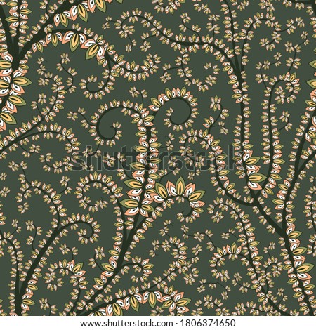 Floral paisley seamless pattern in oriental style. Stylized flower and leaves textile inspired by Turkey or Iran tradition. Mehendi or henna folk ethnic print