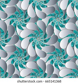 Floral paisley seamless pattern. Turquoise background wallpaper illustration with vintage white 3d beautiful paisley flowers and stylish luxury ornaments. Vector modern 3d  texture for fabric