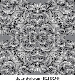 Floral paisley seamless pattern. Vector background with doodle striped hand drawn paisley flowers, swirl curve laves, line art tracery ornaments. Isolated texture. Design for fabric, wallpaper, prints