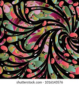 Floral paisley seamless pattern. Vector colorful background with vintage hand drawn abstract paisley flowers, curves, lines, shapes, ornaments. Modern luxury design for fabric, wallpaper, prints