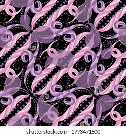 Floral Paisley seamless pattern. Vector ornamental background in black pink violet colors. Striped lines, swirls, dots, circles. Paisley flowers. Diagonal design. Repeat decorative abstract ornaments.