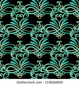Floral paisley vector seamless pattern. Ornate patterned ornamental background. Vintage elegance ornament with green line art tracery flowers, leaves, swirls. Decorative beautiful greek style design