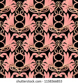 Floral paisley vector seamless pattern. Ornate patterned ornamental background. Vintage elegance ornament with pink line art tracery flowers, leaves, swirls. Decorative beautiful greek style design