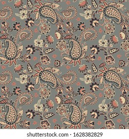 Floral Paisley vector seamless pattern. Fantastic flower, leaves. Textile bohemian print. Batik painting. Vintage