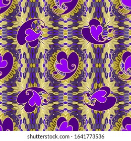 Floral Paisley vector seamless pattern. Ornamental ethnic tribal background. Doodle line art tracery folk ornament. Abstract shapes,  love hearts, violet paisley flowers. Colorful repeat  backdrop.
