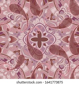 Floral Paisley vector seamless pattern. Ornamental ethnic tribal style pink background. Doodle line art tracery folk ornament. Abstract shapes, grunge paisley flowers. Colorful repeat  backdrop.