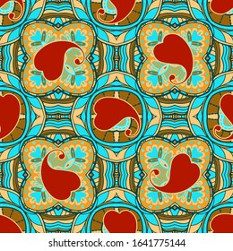 Floral Paisley vector seamless pattern. Ornamental ethnic tribal style background. Doodle line art tracery folk ornament. Abstract shapes, red love hearts, paisley flowers. Colorful repeat  backdrop.