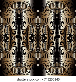 Floral Paisleys seamless pattern. Damask vintage gold black striped background. Ornate wallpaper. Hand drawn paisley flowers, swirl curve leaves, line art tracery  ornaments. Vector surface 3d texture