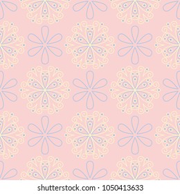 Floral pale pink seamless background. Floral pattern with light blue and yellow elements for wallpapers, textile and fabrics