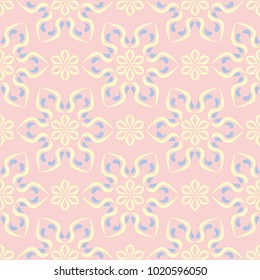 Floral pale pink seamless pattern with blue and beige designs. Background for wallpapers, textile and fabrics