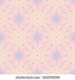 Floral pale pink seamless pattern with blue and beige designs. Background for wallpapers, textile and fabrics