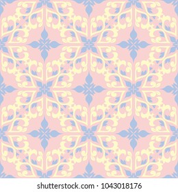 Floral pale pink seamless pattern with blue and beige designs. Background for wallpapers, textile and fabrics