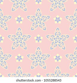 Floral pale pink seamless pattern with blue and beige designs. Background for wallpapers, textile and fabrics
