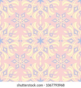 Floral pale pink seamless pattern with blue and beige designs. Background for wallpapers, textile and fabrics