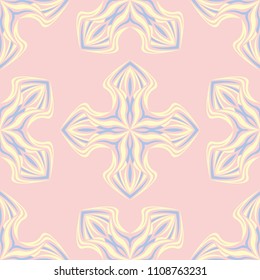 Floral pale pink seamless pattern with blue and beige designs. Background for wallpapers, textile and fabrics