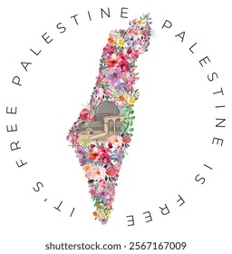 Floral Palestine map with masjid al Aqsa in it vector illustration, Floral Palestine map with words its free Palestine Palestine is free