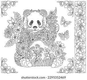 Floral panda bear. Adult coloring book page with fantasy animal and flower elements