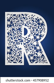 Floral paper cut monogram capital letter R. May be used for laser cutting. Secret garden alphabet.