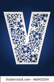 Floral paper cut monogram capital letter V. May be used for laser cutting. Secret garden alphabet.