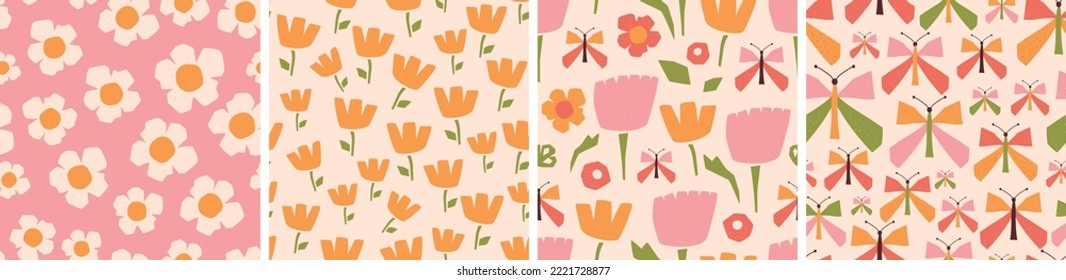 Floral paper cut. Pink daisy patterns set. Geometric floral shapes, butterfly seamless pattern collection. Yellow summer collage geometric flowers. Vector illustration. Daisy background, textile.