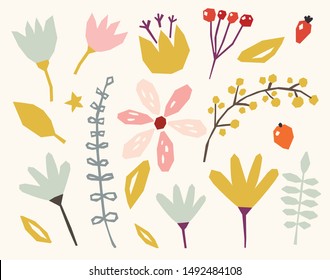 Floral paper cut shapes on white background.  Contemporary collage design elements set