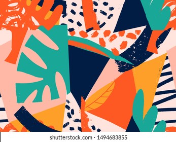 Floral paper cut shapes in red, pastel pink, blue, green and mint. Cute and modern wallpaper, fabric and packaging design. Contemporary collage design elements set. Stamp texture. Perfect for textile - Shutterstock ID 1494683855