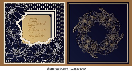 Plantilla de papel floral para el diseño de tarjetas cuadradas, paneles decorativos, impresión de bodas, decoración interior. Disposición vectorial para corte láser de papel, cartón, plástico.
