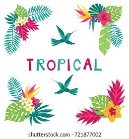 Floral paradise hand drawn summer tropical corner elements. Vector illustration