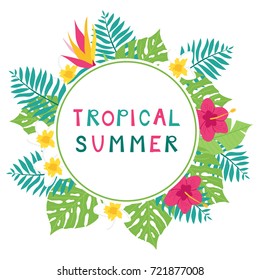 Floral paradise hand drawn summer background with tropical leaves. Vector illustration