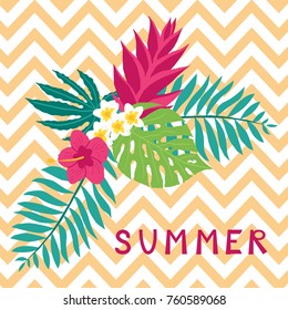 Floral paradise hand drawn summer background with tropical leaves. Vector illustration