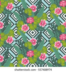 Floral paradise hand drawn tropic hibiscus flower with palm leaves on the geometric background. Seamless vector pattern