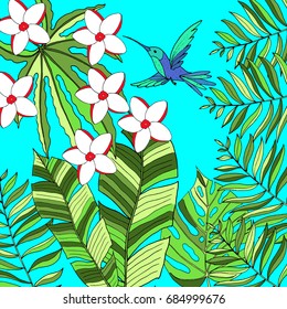 Floral paradise hand drawn tropic background. Vector illustration