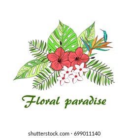 Floral paradise hand drawn tropical leaves. Vector illustration