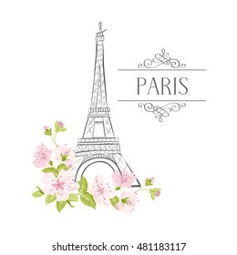 Floral Paris Illustration Famous Paris landmark Eiffel Tower